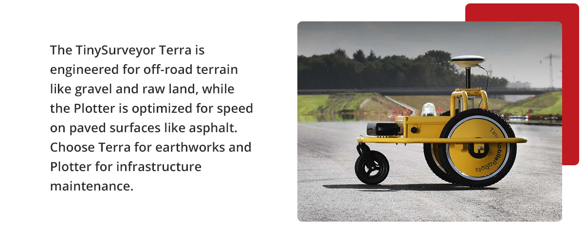TinySurveor Terra is engineered for off-road terrain like gravel and raw land.